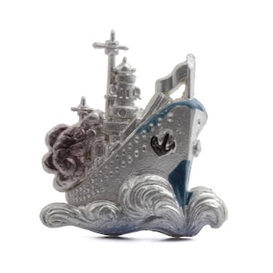 Vintage celluloid Silver Hand painted warship navy pin brooch blue