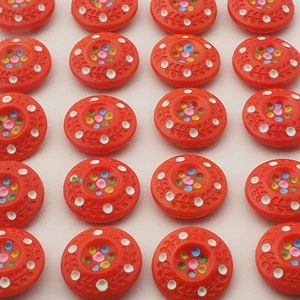 Card 24 pcs, 18mm Antique Czech 1930&#39;s hand painted red flower glass buttons