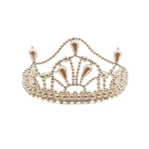 Vintage handmade pearl glass bead tiara headpiece… - image 1