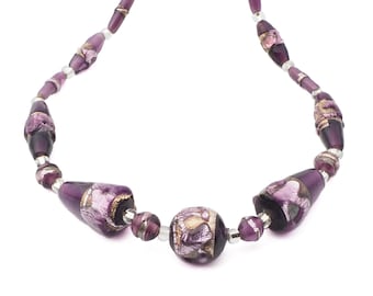 Vintage Czech necklace purple amethyst foil overlay lampwork glass beads