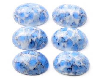 lot 6 pcs,  14x10 mm, Vintage Czech blue matrix marble oval glass cabochons