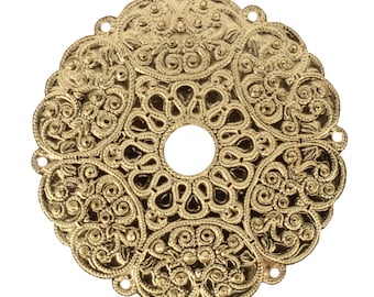 Vintage floral scroll stamped gold metal chandelier lamp bobeche wind chime prism hanger 2.7&quot;