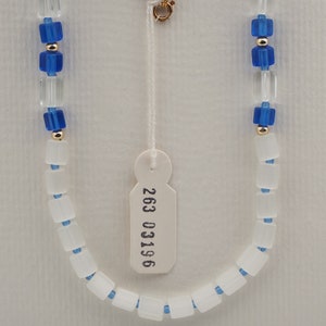 Vintage Tsjechische 23" ketting blauwe heldere satijnen atlas pentagon bugel glaskralen