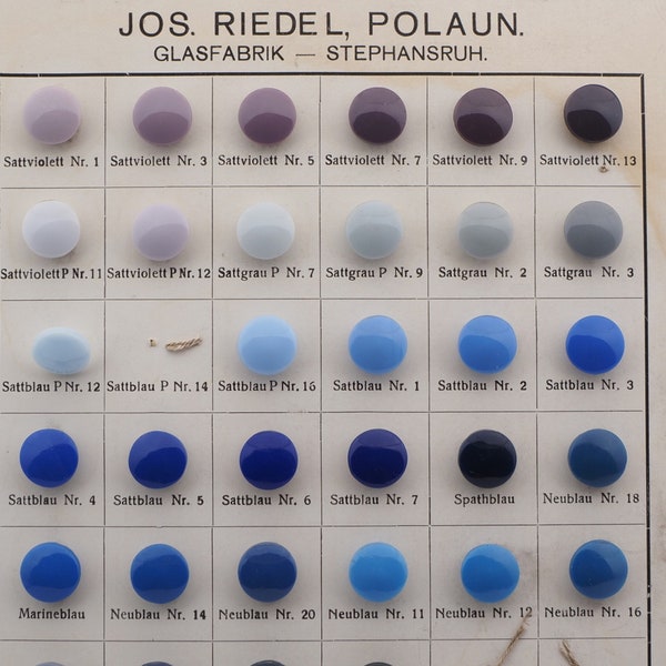 Card 50 vintage Czech glass buttons blue violet turqoise Joseph Riedel, Polaun 1935