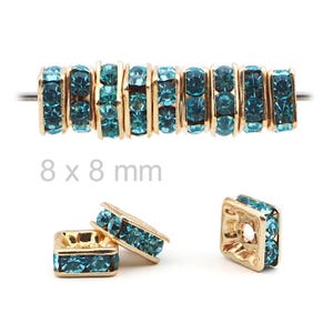 Lot 8x8mm Czech Aquamarine Blue gold plated Square rondelles Rhinestone Spacer beads jewelry findings