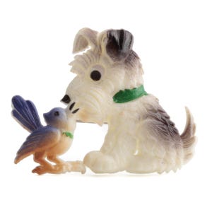 Celluloid terrier dog bird pin brooch Green Collar Vintage 48 mm Deco