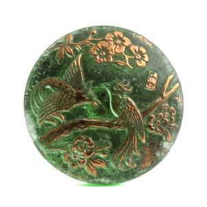 Glass Button 27 mm Czech floral hand gold gilt tropical exotic birds lacy style