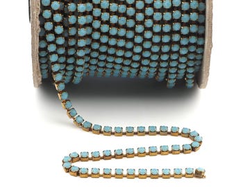 Blue aqua opaline ex brill. Chaton Rhinestone cup chain srae brass jewelry Preciosa ss18, 1 meter