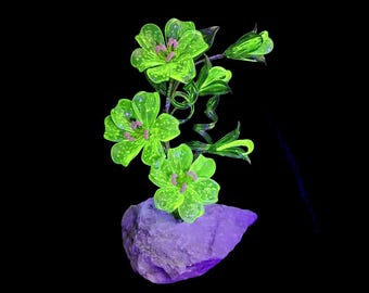 Uranium glass tree 7" Daisy Orchid plant flowers on stone Art ornament Czech hand made Lampwork
