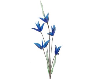 Vintage hand lampworked glass bead cobalt blue 10&quot; meadow flower stem decoration