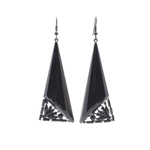Large 3.5&quot; Chunky jet black glass Geometric Art Deco jewelry earrings Gift BOX