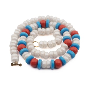 Vintage Czech 17" necklace red blue lustre pearl trade glass beads