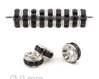 Cuentas espaciadoras de rondeles de diamantes de imitación negros, chapadas en plata, para joyería, lote de 9 mm, calidad checa premium.