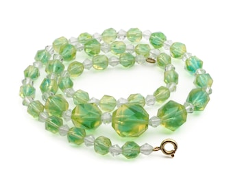Vintage 42 cm Art Deco, Czech necklace rare uranium Bicolor faceted glass beads
