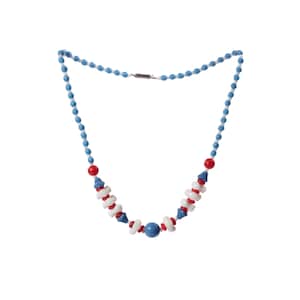 Vintage 16", necklace Czech blue flower white triangle red blue glass beads