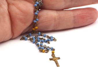 Doll size 8" Czech vintage miniature glass beaded religious rosary crucifix