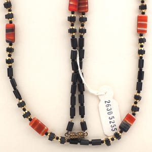 Vintage 34" Tsjechische ketting zwarte vijfhoek bugel bruine marmeren glaskralen