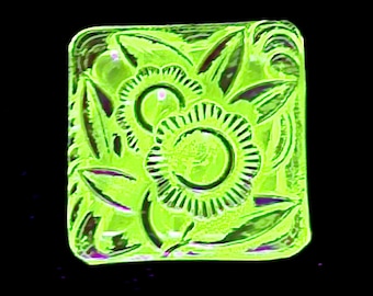 Square Uranium Art Deco floral glass button hand painted gold gilt 25mm Czech vintage