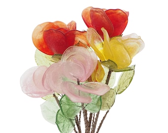 Czech glass flower stem bouquet bunch red pink yellow lustre lampwork glass beads