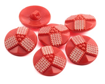 6 vintage Czech red and white glass buttons 23mm Art Deco geometric