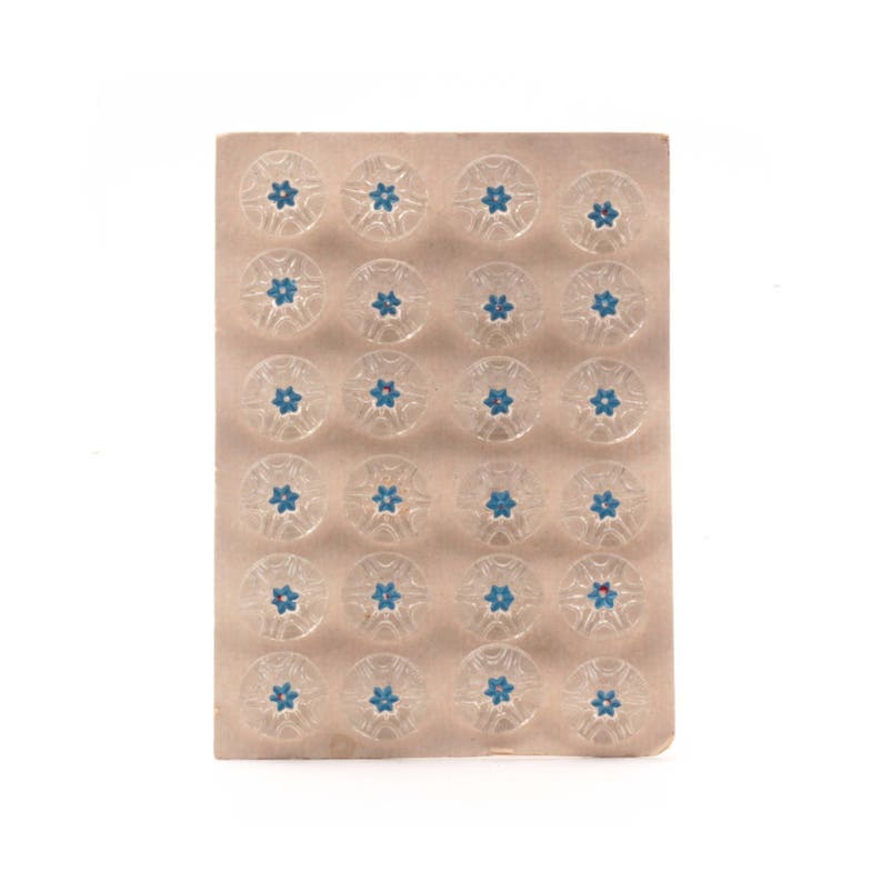 Vintage Czech Glass button Card. 24 18mm hand blue floral painted crystal clear buttons