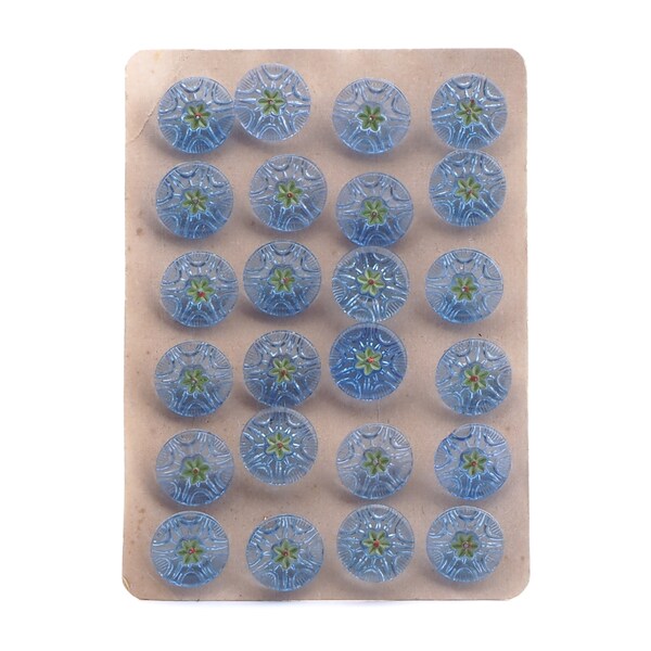 Card Czech Deco vintage green flower blue glass buttons 18mm