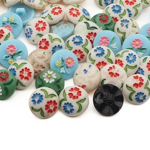 Lot 50pcs Vintage Czech floral glass buttons 18mm hand painted uranium green blue