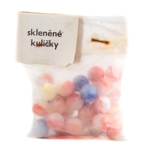 Bag of (30) 1/2&quot; Czech retro Vintage swirl bicolor glass marbles red white