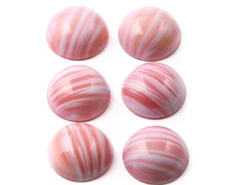 6 Vintage Czech pink striped round glass cabochons 17mm