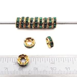 Lot 12 pcs, 8mm, Czech Green Rhinestone Rondelles large hole spacer beads gold plated jewelry findings