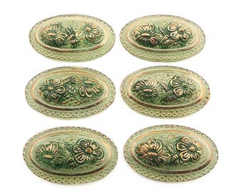 lot 6 large 42x25mm oval Floral green Czech glass cabochons hand painted