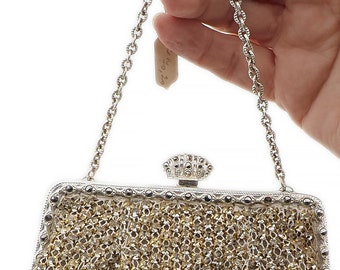 Vintage Rare Art Deco Czech 40s Crystal Gold Rhinestones silver Evening Bag Purse Clutch Wedding Accessories