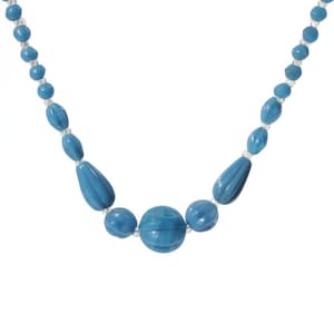 Vintage Czech 16" necklace blue round teardrop oval melon ribbed glass beads