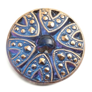 Botón cabujón de cristal azul violeta brillante, checo, vintage, dorado, 27 mm