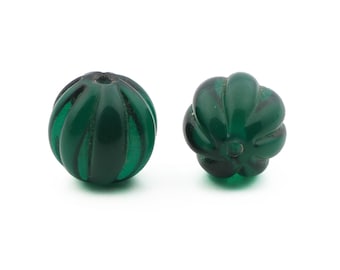 2 Czech Art Deco vintage green melon glass beads 15mm