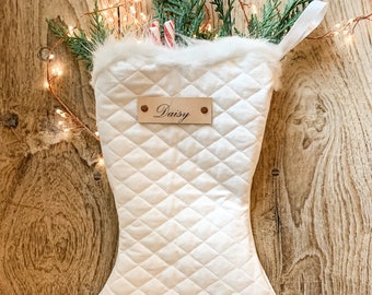 Personalized Dog Bone Christmas Stocking\White Boho Quilted Holiday Stocking\Family\Pet Fur Trim Stockings with Leather tag