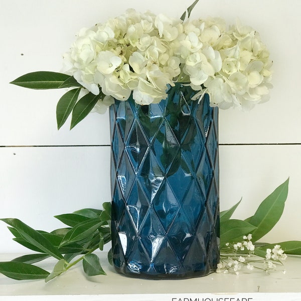 Vintage Blue Glass Chic Vase, Vintage Vase, Farmhouse Decor, Shabby Chic Home, Free Shipping