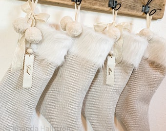Set 4 White Fur Christmas Stockings/Personalized Family Stockings/Stripe Holiday Stockings/ Elegant Magnolia Home Stocking