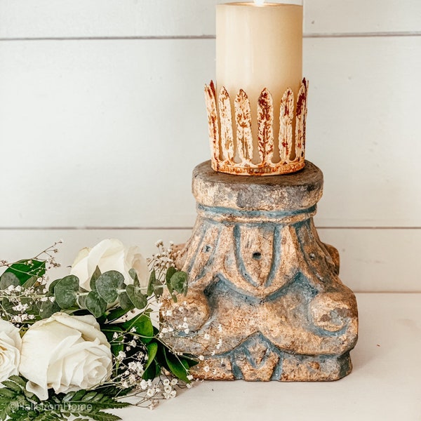 Wedding Pedestal Ornate Wood Candle Holder French Blue Gold Table Centerpiece Antique Gold