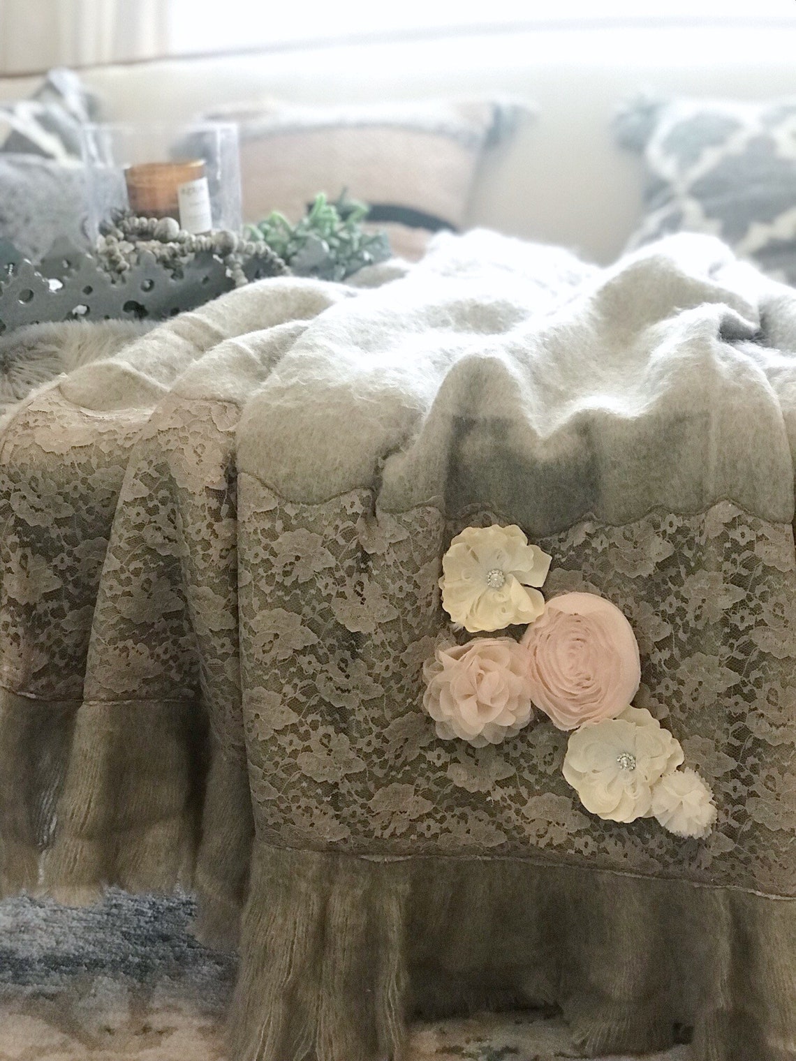 Shabby Chic Throw Blanket With Fringe and Flowers for Etsy