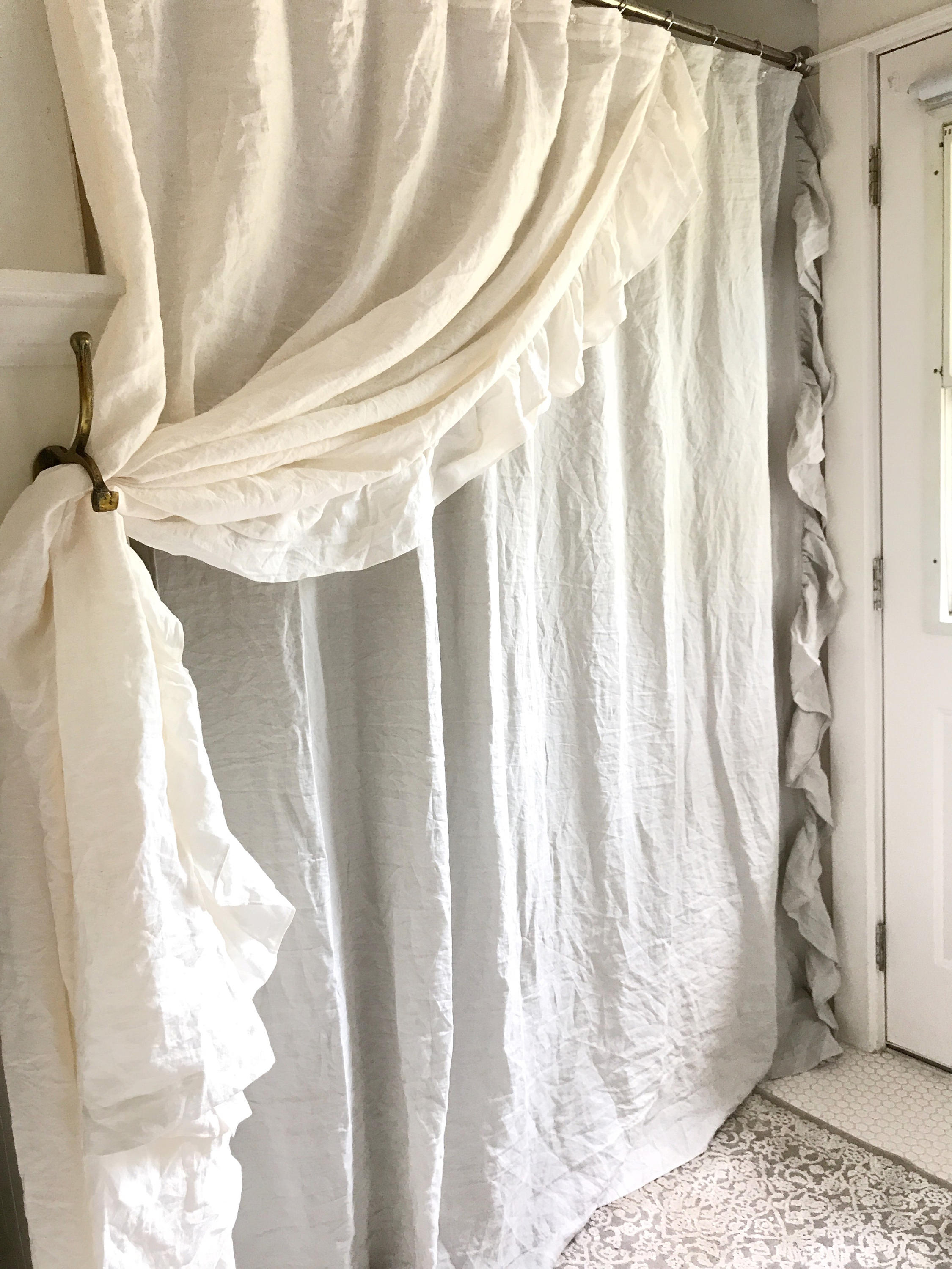 Linen Ruffle Shower Curtain Single Side Ruffle Shabby Chic Etsy