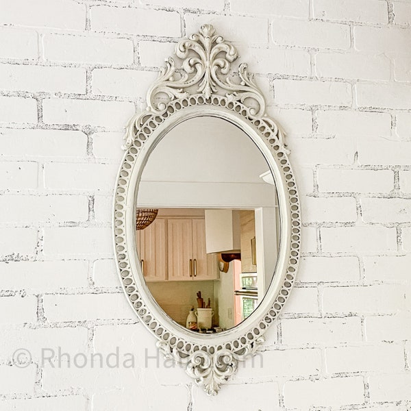 Shabby Chic Nursery Mirror, White Distressed, Oval Vanity Wall Hanging Mirror, Bathroom Mirror, Free Shipping