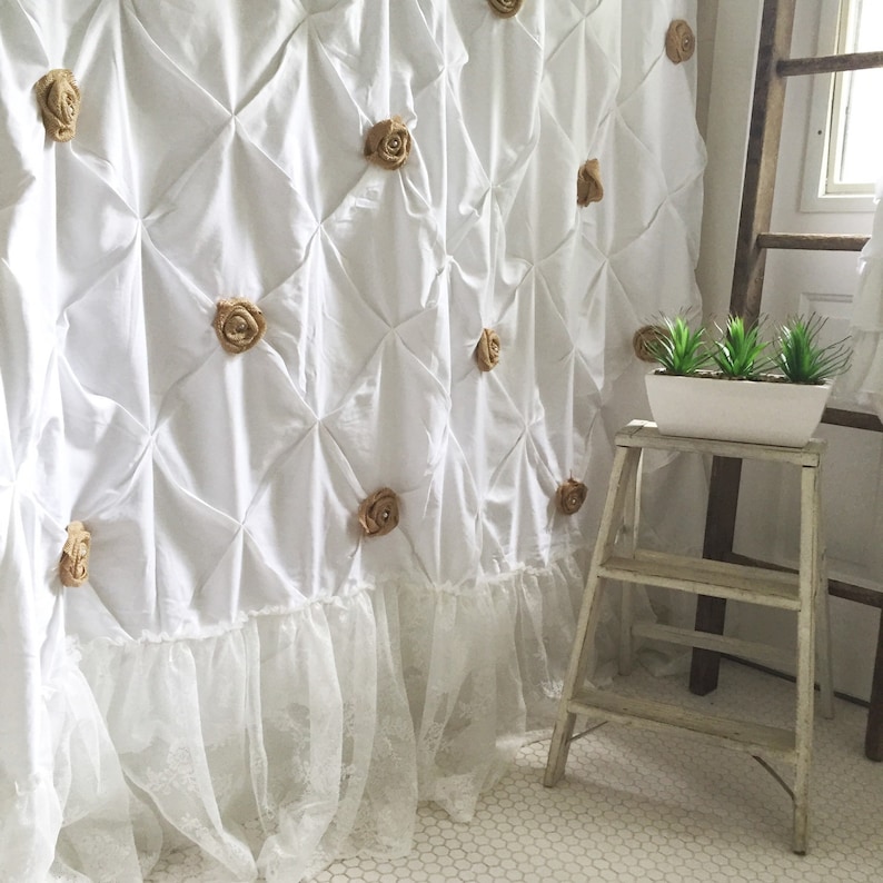 Burlap Ruffle Shower Curtain White Cotton With Handmade Rosettes And Pearls Rustic Shabby Chic Girls Bathroom
