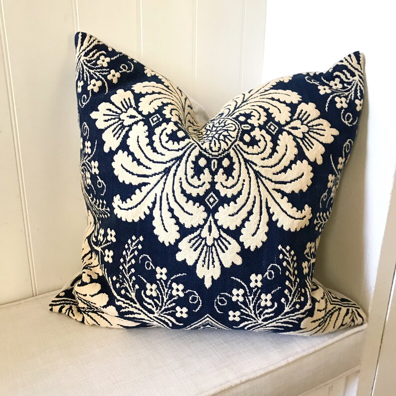 Blue Damask French Country Throw Pillow Antique Material image 0