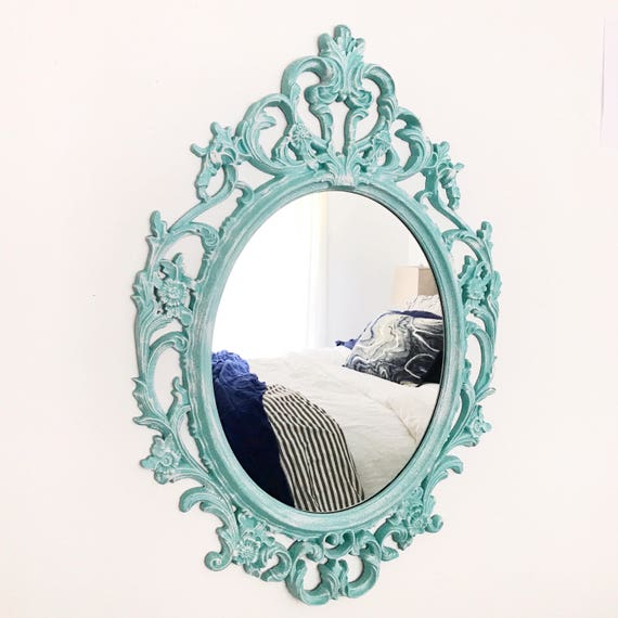 Blue Distressed Mirror Bathroom Antique Style Wall