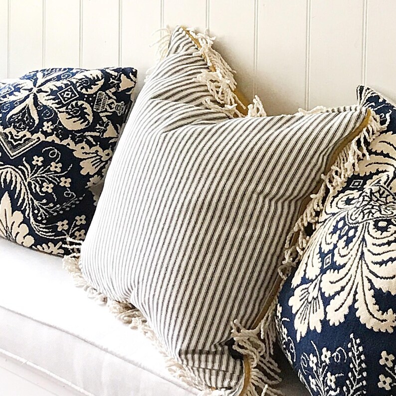 Blue Damask French Country Throw Pillow Antique Material image 4