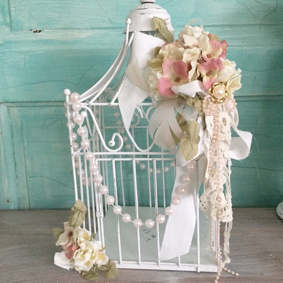 Cage à Oiseau Blanc Décoré De Fil En Métal Cottage Shabby Chic Oiseau Cage Manteau De Foyer Français Decor Des Mères Mariage Décoration