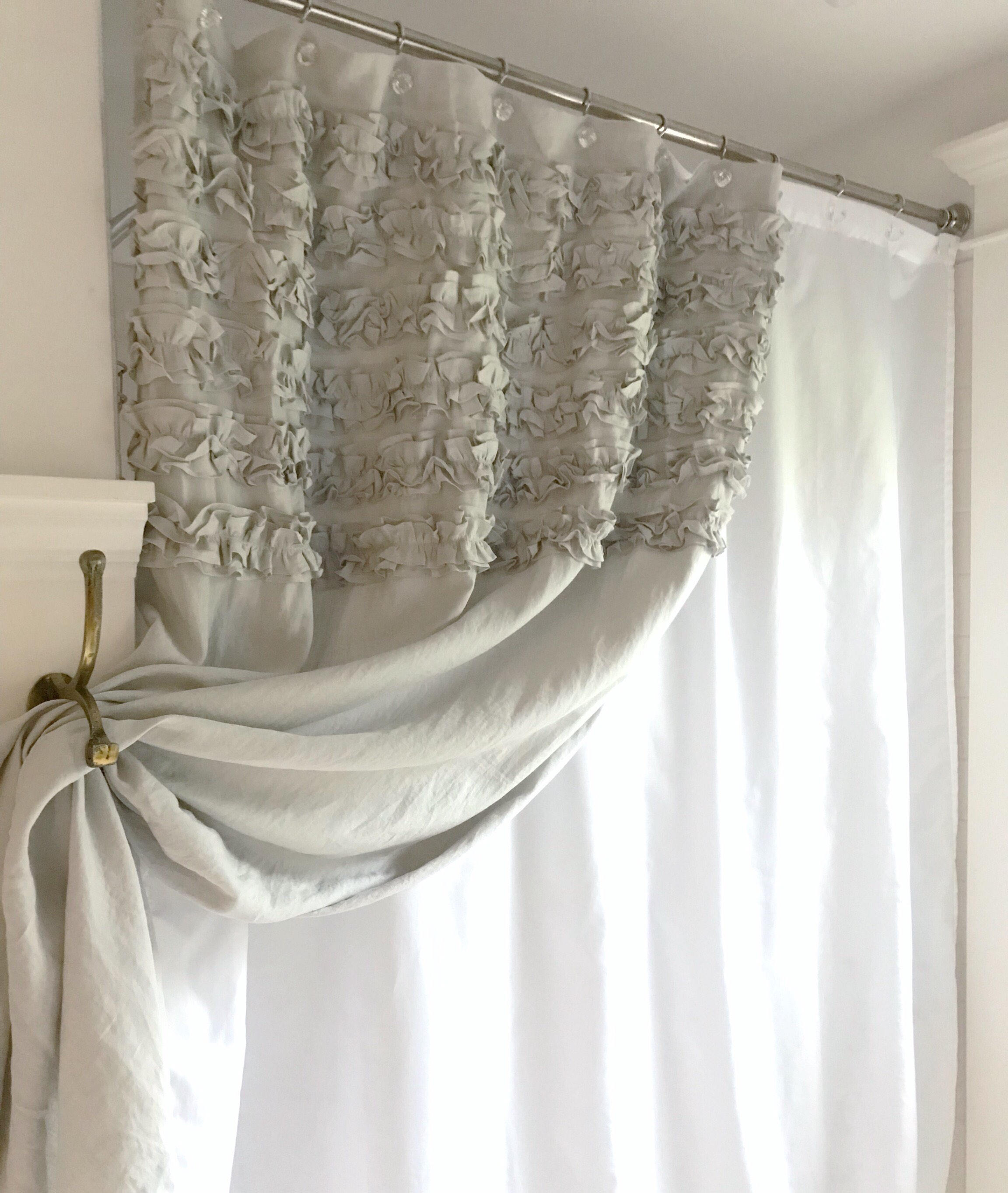 Six Ruffle Linen Shower Curtain Linen Bathroom Curtain Etsy