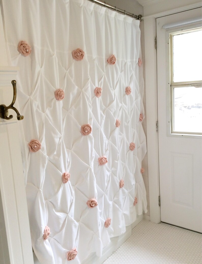 Pin Tuck Shower Curtain With Handmade Pink Rosettes And Pearls Image 0