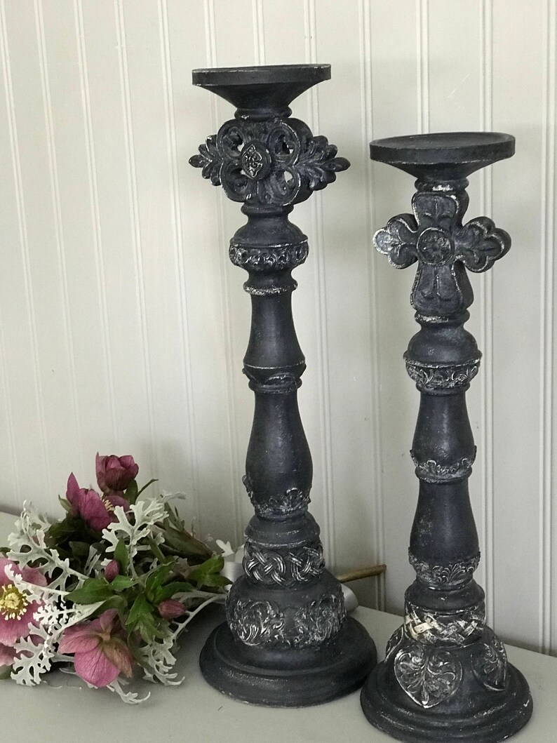 Tall Pillar Candle Holder Grey Candle Holders French Shabby Etsy